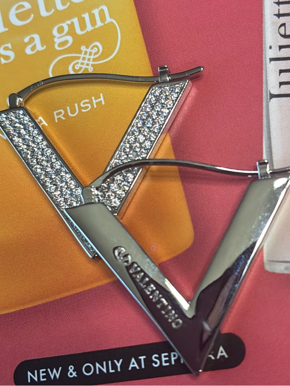 Valentino Silver V Logo Drop Earrings with Crystal Pavé